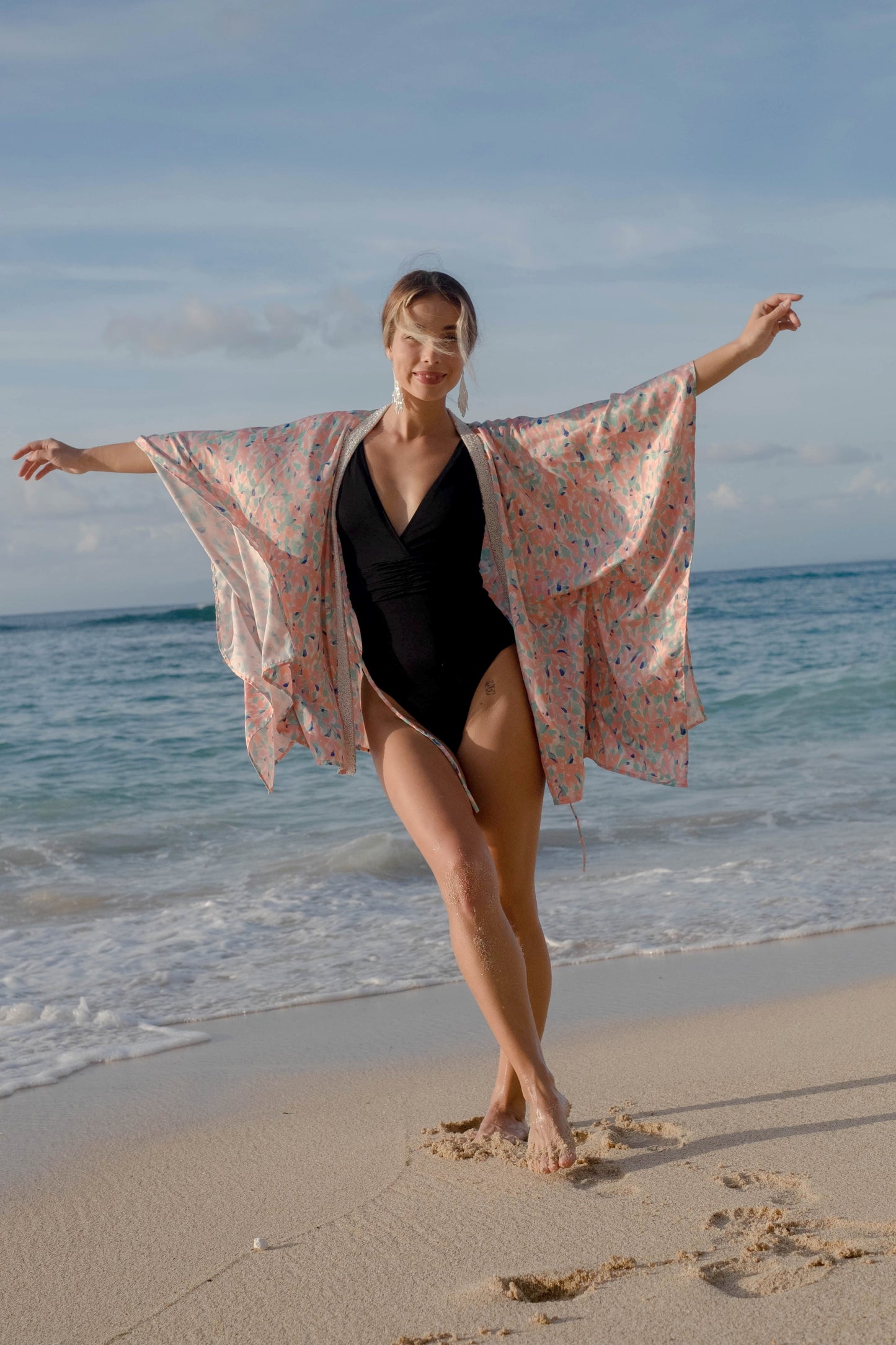 Sakura pastel floral satin women's beach kaftan swimsuit cover up for Dubai's beautiful beaches and beyond!