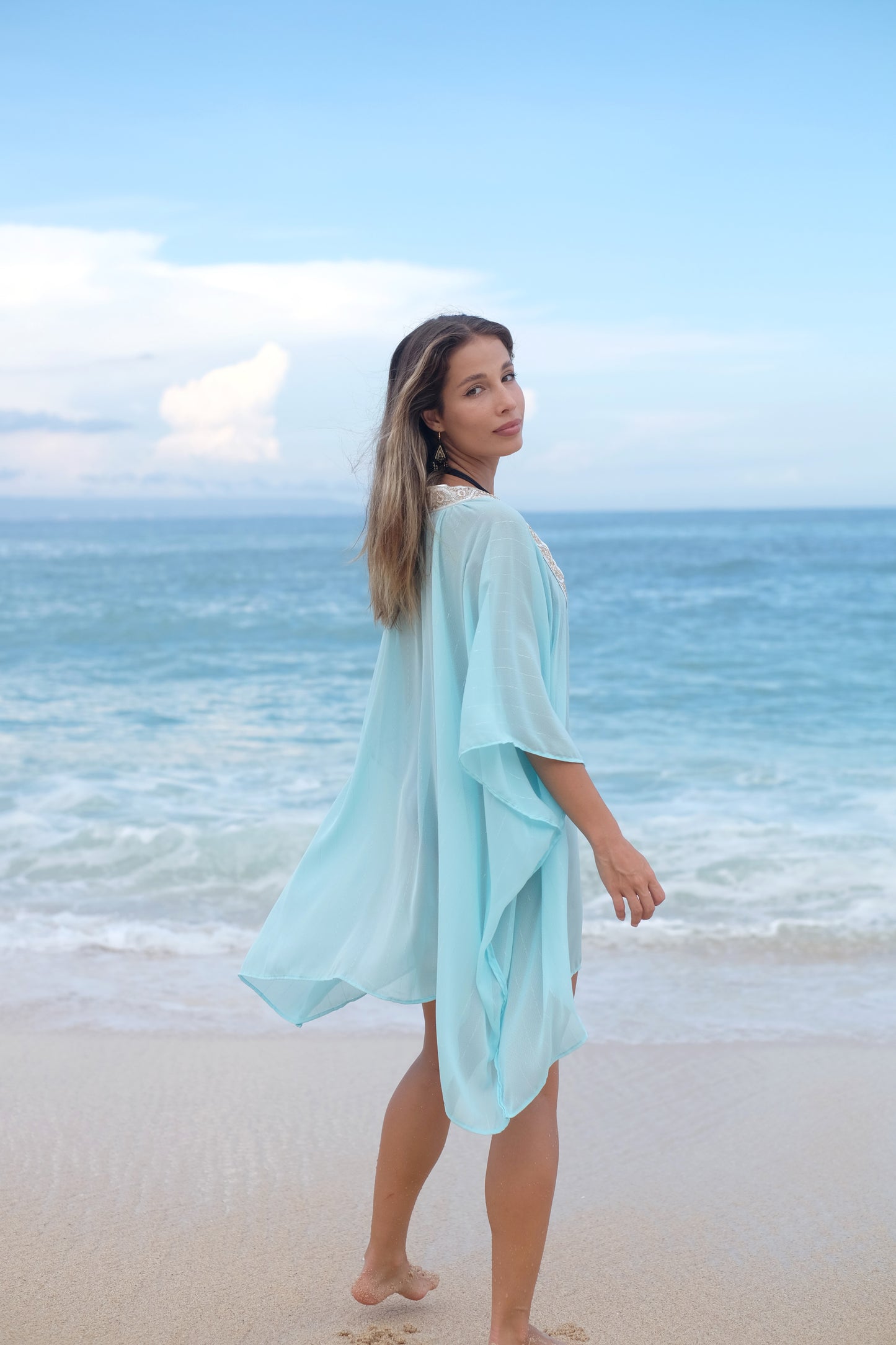 Sanya Mint Beach Kaftan with gold details, sustainable luxury fashion from Bali, ideal for Dubai beach style.
