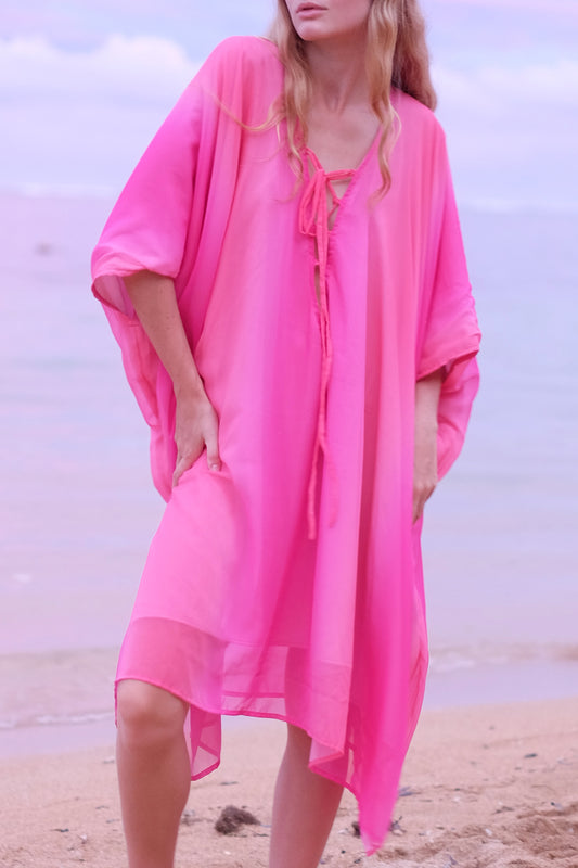 Elegant v-neck Seraphina kaftan beach dress in ombre chiffon, perfect for Dubai resort wear.