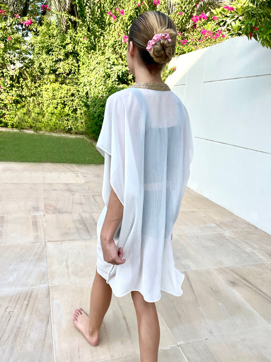 Eco-friendly slow fashion girls beach cover-up in white chiffon with rose gold accents, Dubai resort wear
