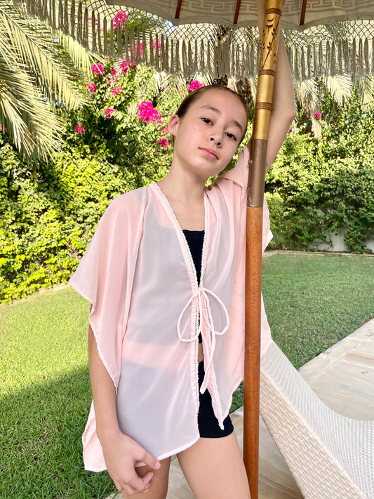 Tween girls peach beach kaftan cover‑up with hand‑sewn white beads – ethical slow fashion for Dubai summer