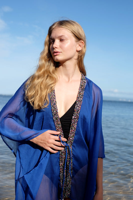 Sustainable Womens Beach Kaftan in Lapis Blue with Vibrant Beadwork for sale in Dubai