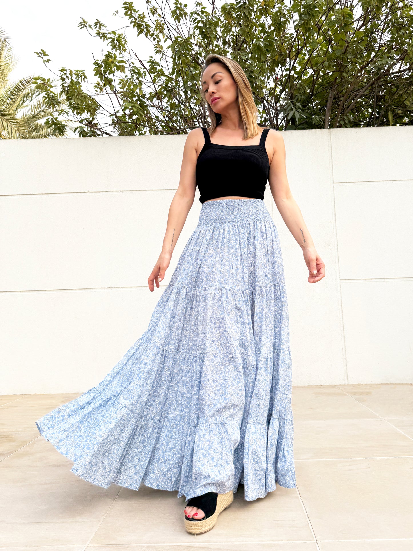 Handcrafted Gaia Skirt in Greyish Blue White Floral, Slow Fashion Dubai Resort Wear