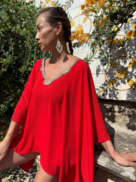 Sustainable & glamorous red chiffon resort wear kaftan cover up Dubai beach style