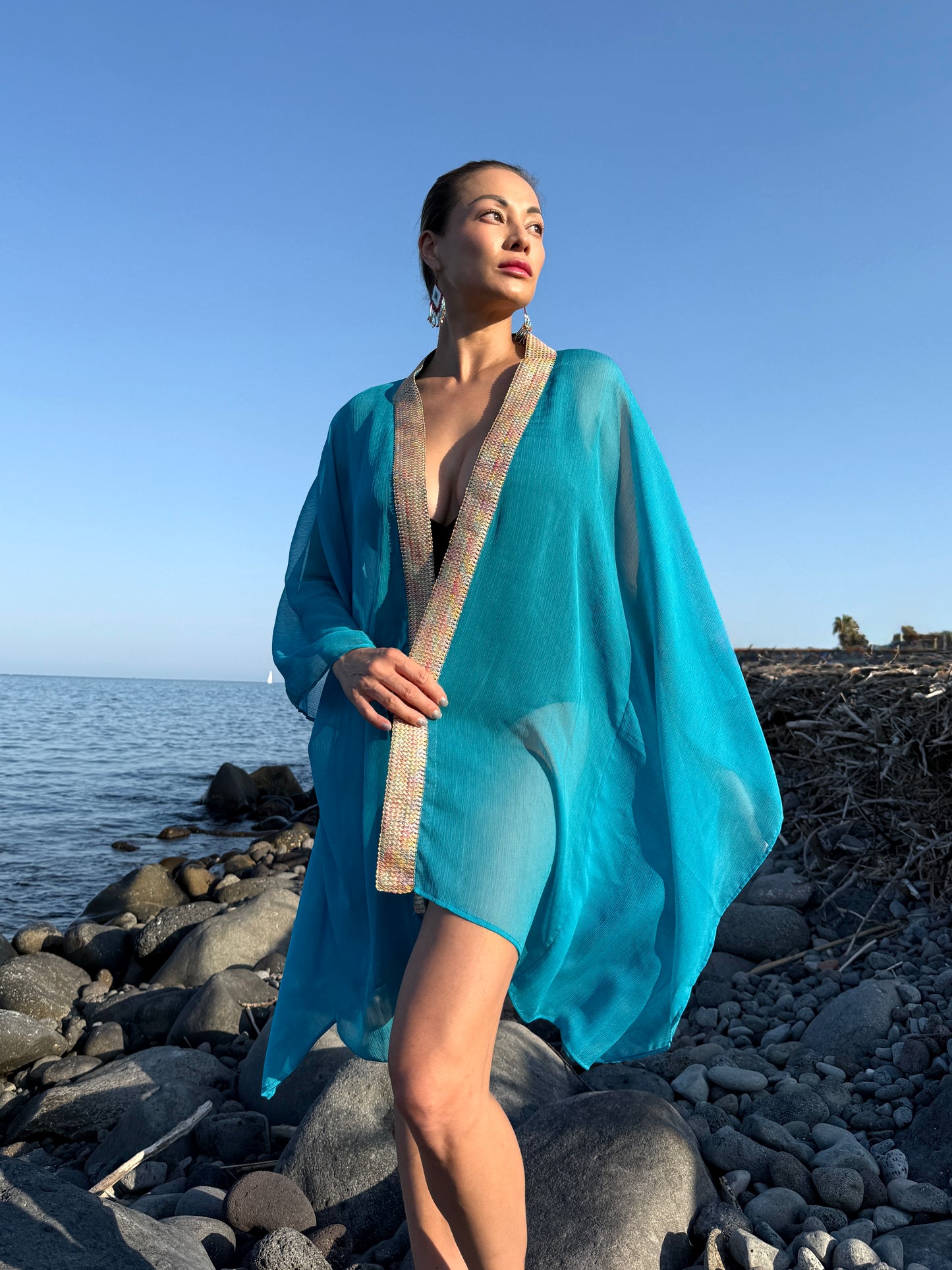 Lara women’s teal chiffon beach kaftan for Dubai resort wear, artisan-made in Bali