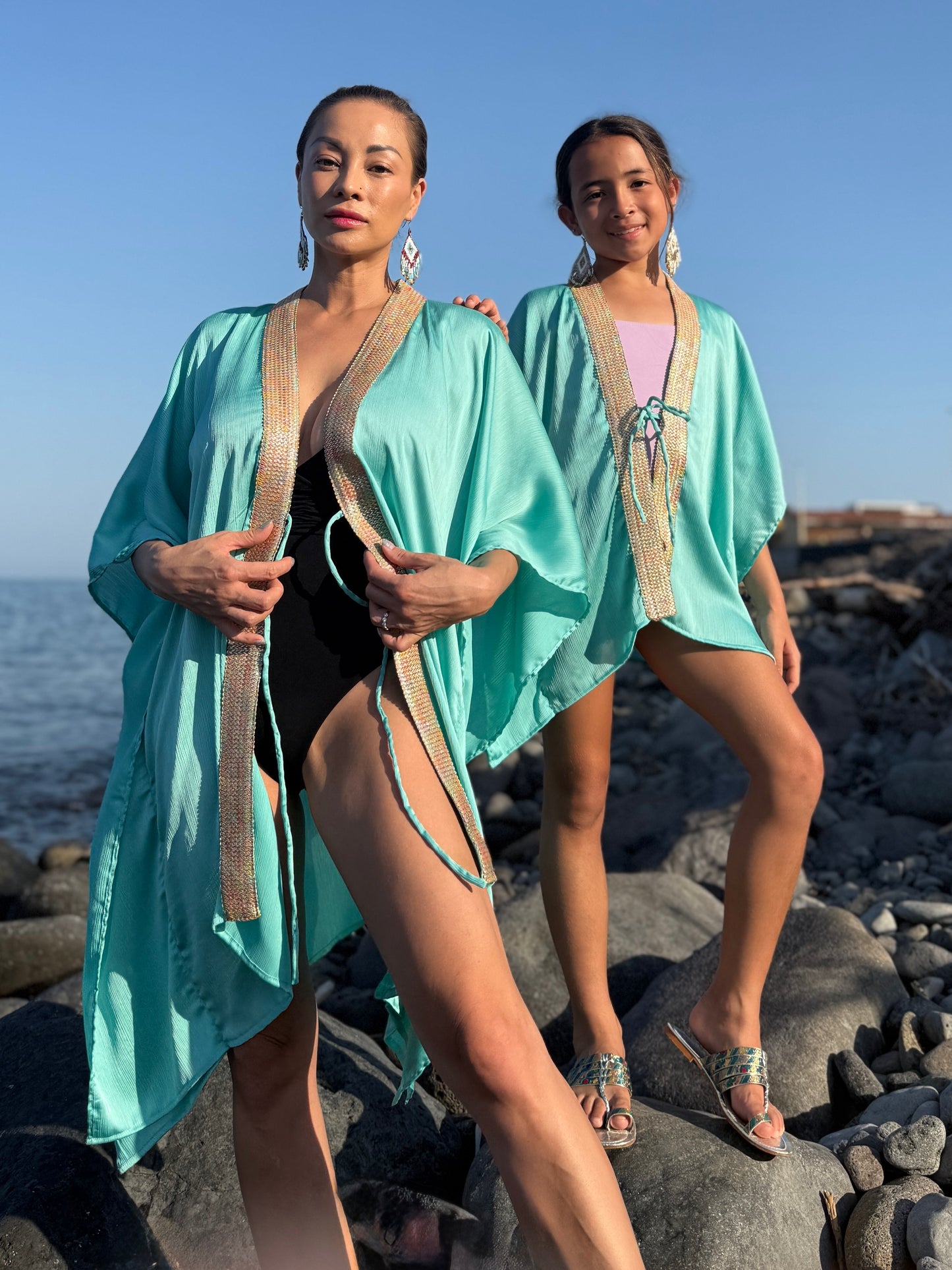 Mommy and Mini girls mint chiffon kaftan beach cover-up Dubai resort wear for beach days