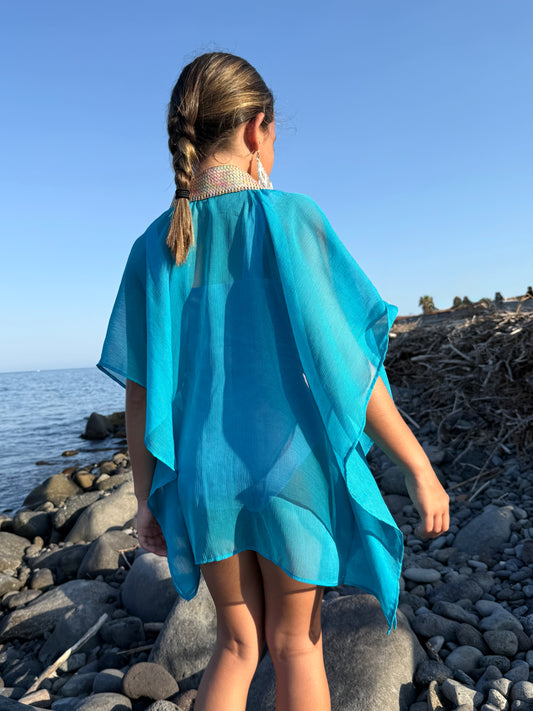 Dubai kids beach kaftan in teal chiffon with gold shimmery accents