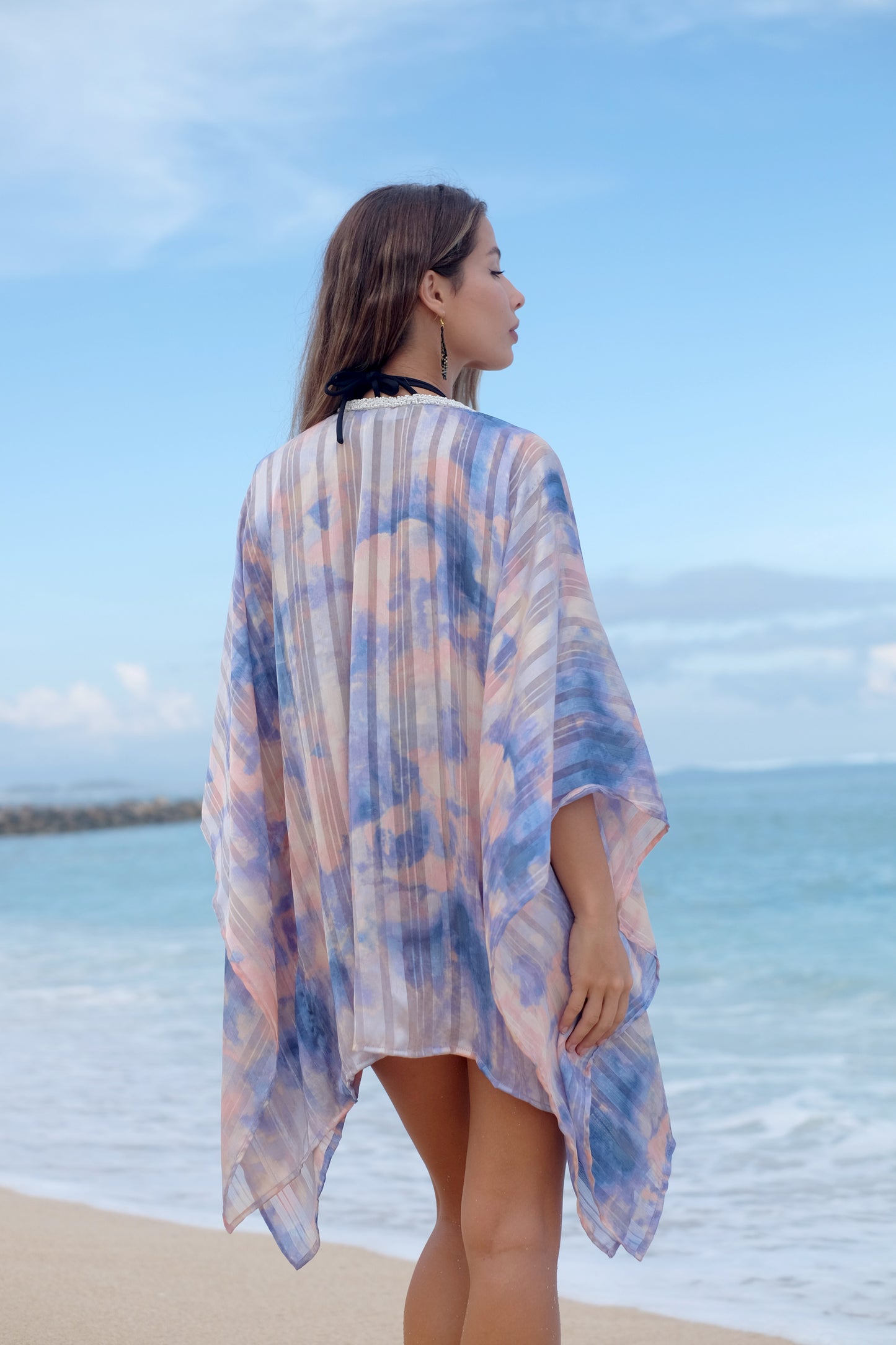 Gorgeous ombre printed beach kaftan on a textured chiffon in beautiful pastel hues of periwinkle and blush, sustainable resort wear for women in Dubai