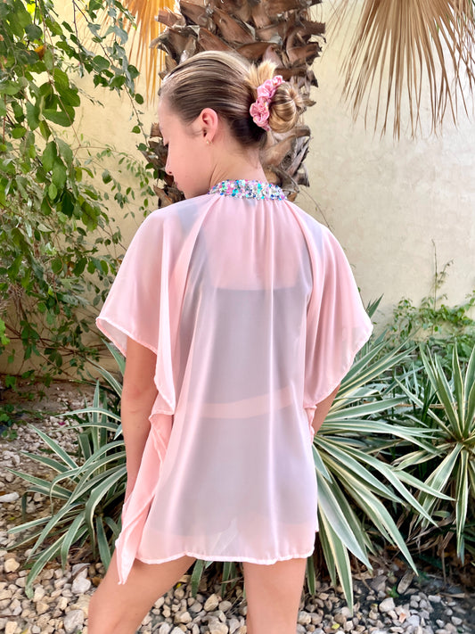Tween girls beach cover-up kaftan in peach pink crepe chiffon with sparkling sequins, Dubai kids summer fashion