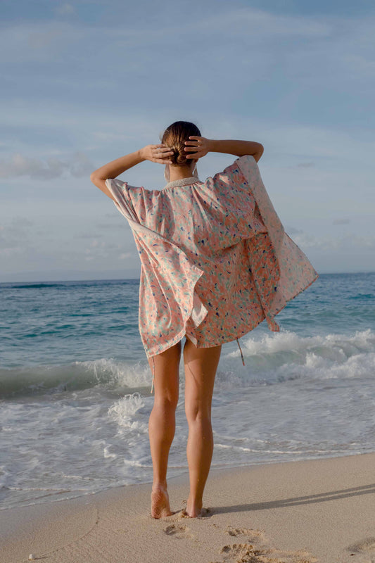Luxury satin women’s kaftan with floral design, discover the Sakura pastel floral satin women's beach kaftan swimsuit cover up for women in Dubai