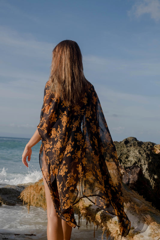 Zinnia crepe chiffon floral black kaftan, perfect for day & evening outings in Dubai, sustainable resort wear made in Bali for women in Dubai