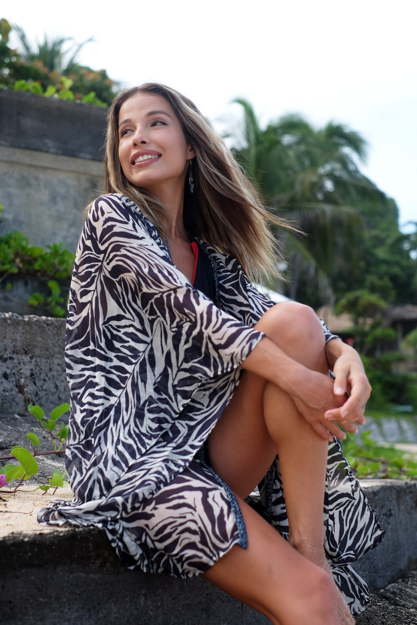 Women's Amara Zebra Print Silk Chiffon Beach Kaftan Swimsuit Cover-Up, Eco-Friendly Ladies Resort Wear in Dubai