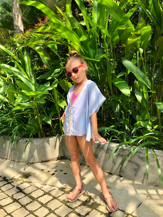 Periwinkle girls beach kaftan – handmade and lightweight for beach days in Dubai & beyond