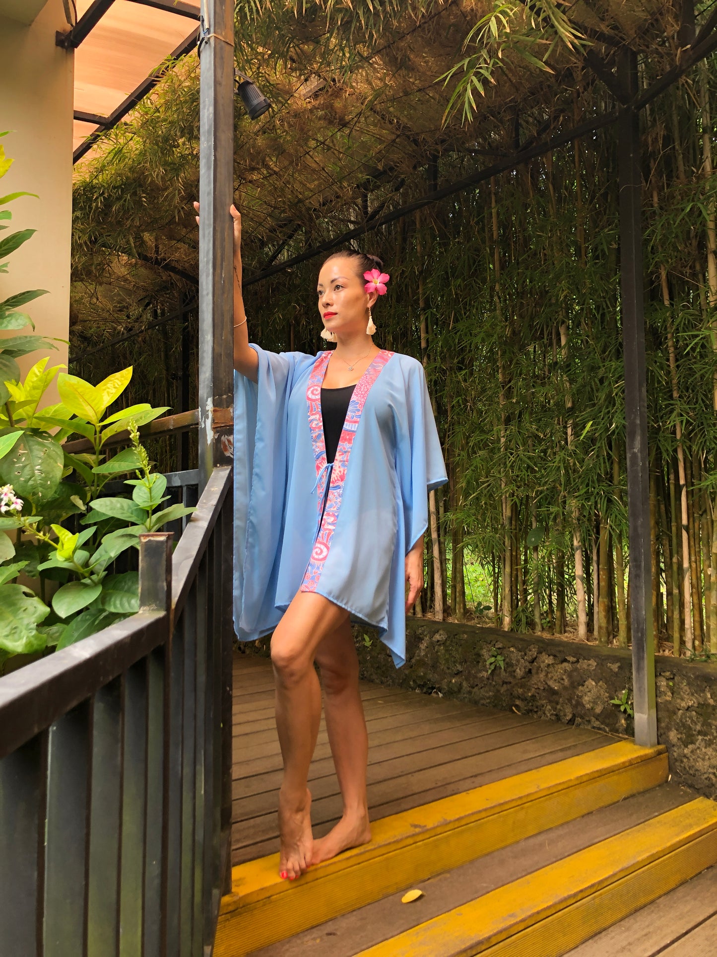 Matching Mommy & Me beach kaftan in powder blue chiffon with batik details for matching moment with Mom in Dubai