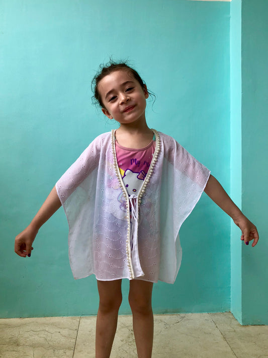 White eyelet chiffon kids beach kaftan with pearl beads – sustainable resort wear for girls - beach cover-up for Dubai beach days