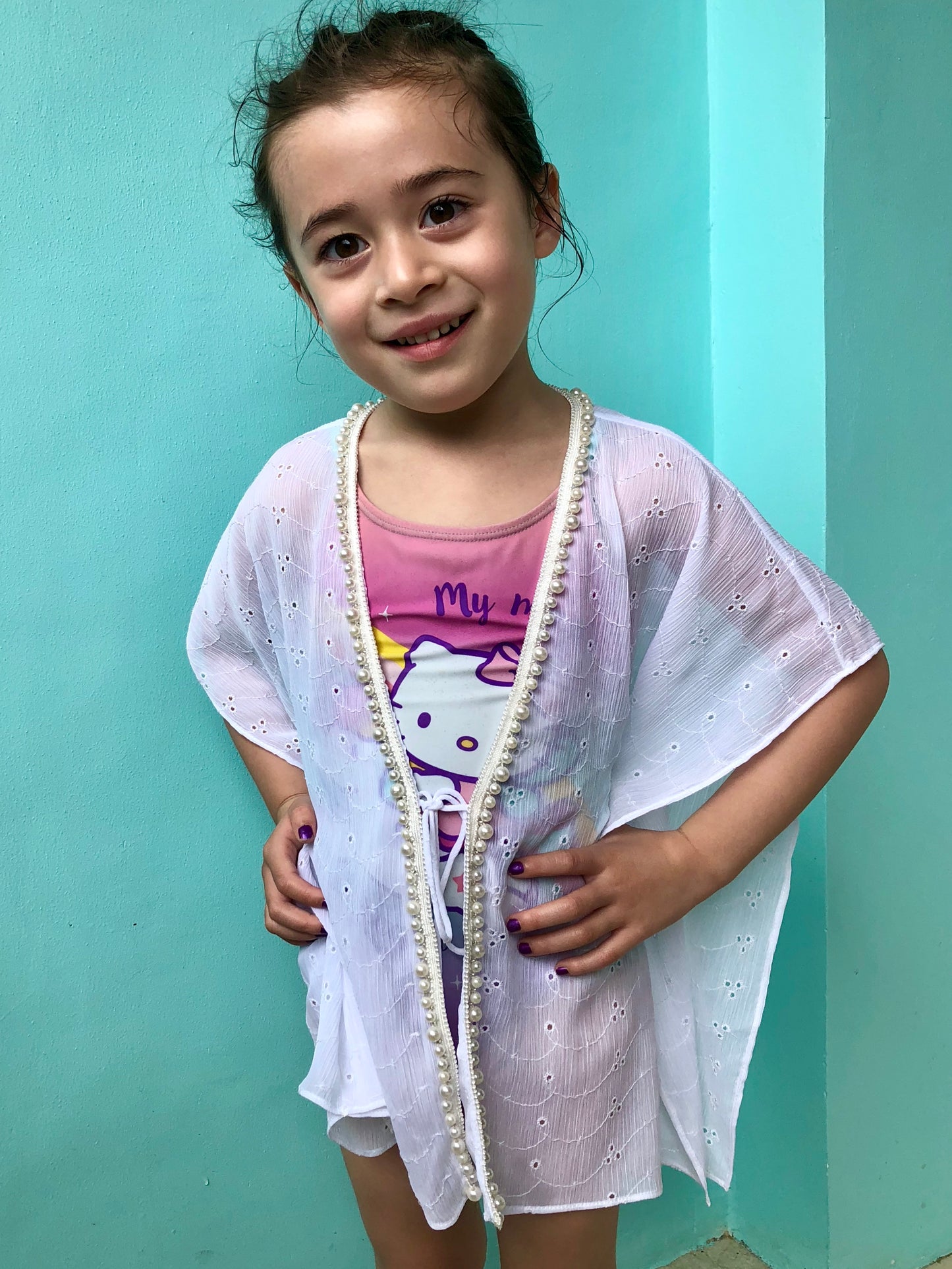 Delilah white eyelet chiffon with pearl beaded trimmed kids beachwear beach kaftan