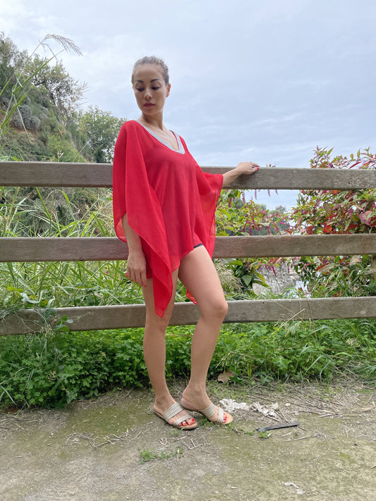 Maha Beach Kaftan Top in Bold Red, Perfect Resort Wear for Dubai Beach Style