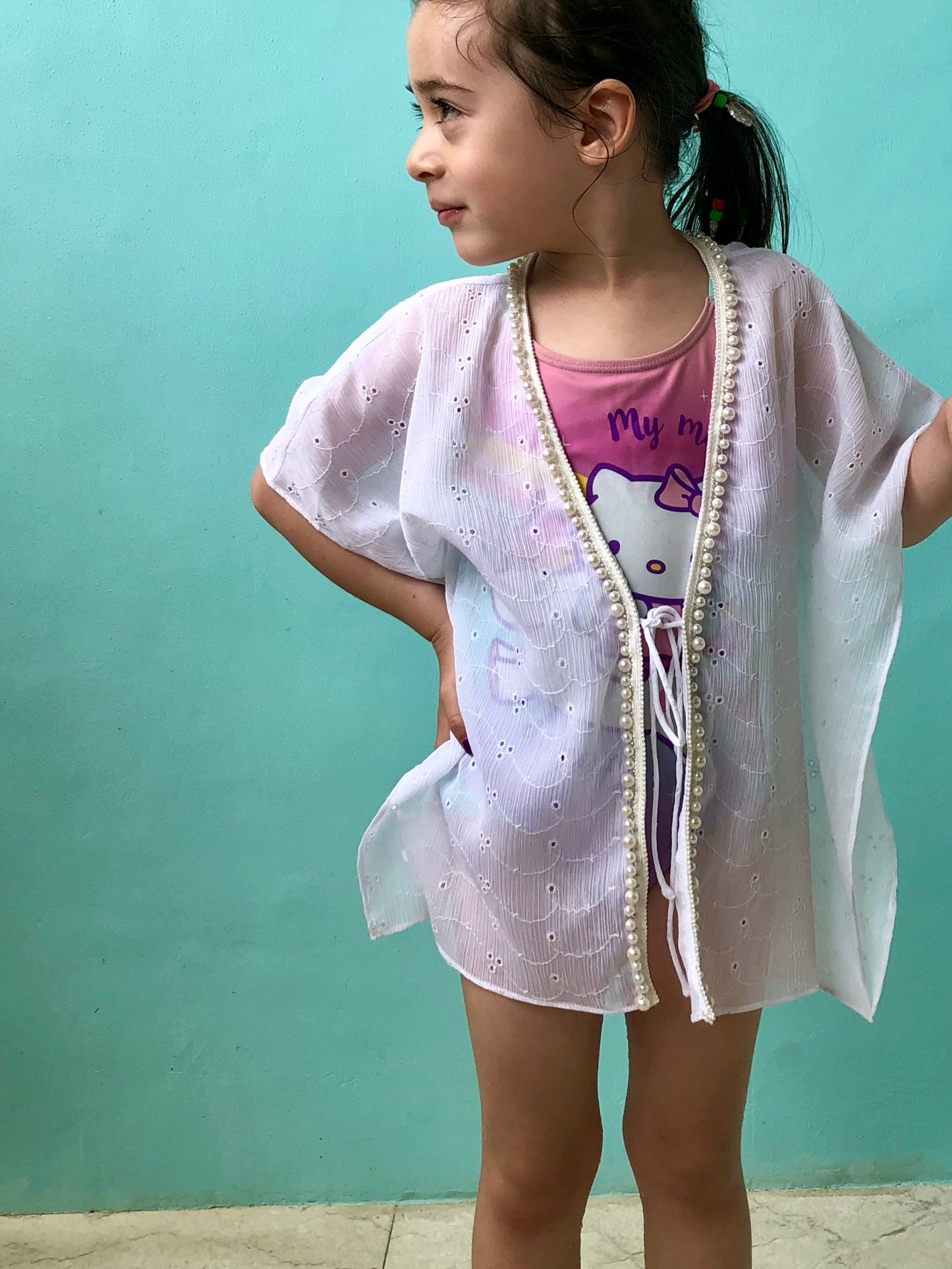 Delilah girls kaftan in white chiffon – lightweight beach cover-up for kids in Dubai, sustainable beachwear for girls.