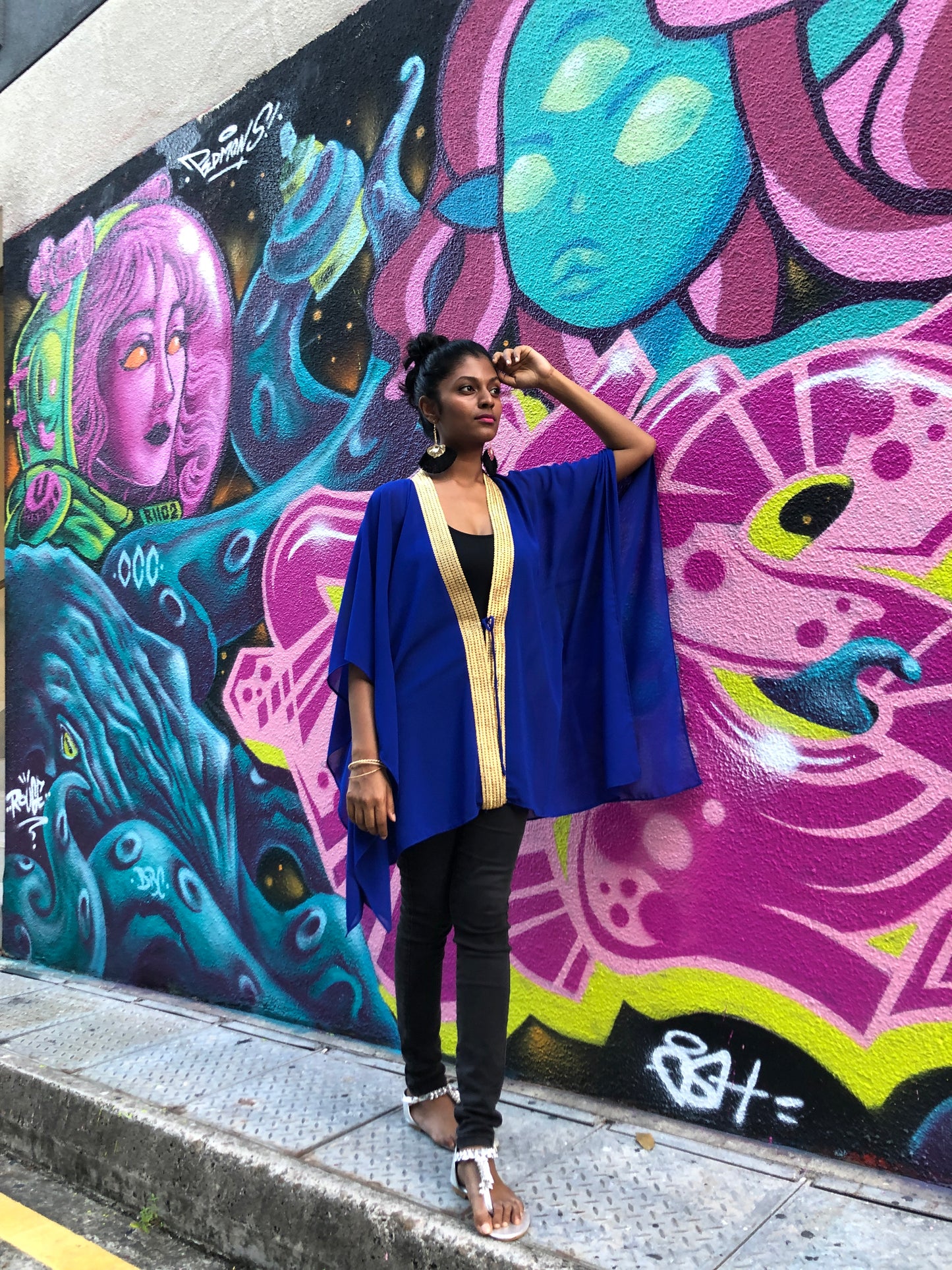 Arista Royal blue beach kaftan cover up with shiny gold saree trim, luxury chiffon swimwear cover up with gold trim, ideal for Dubai beach clubs and resorts.