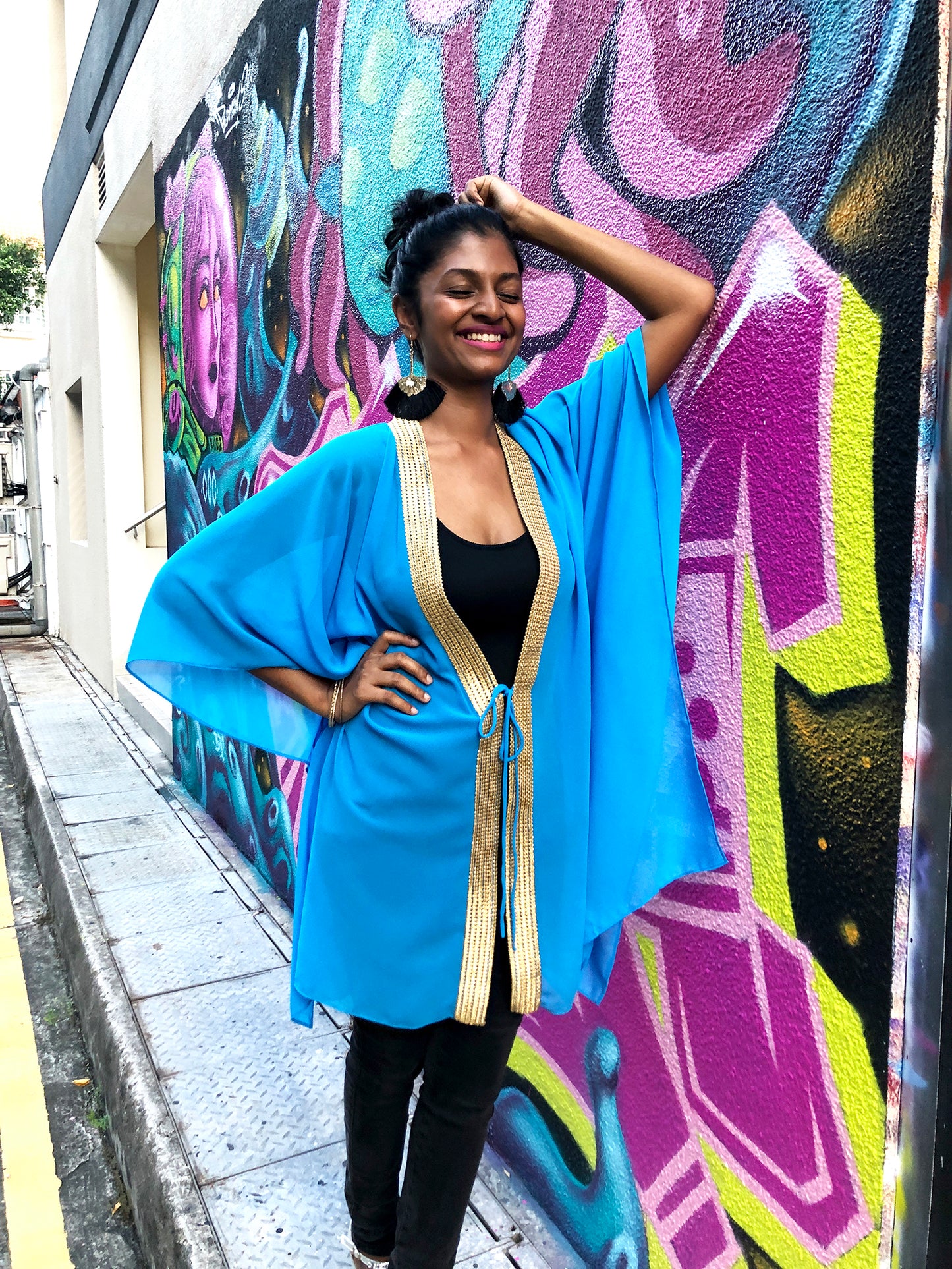 Ocean blue chiffon beach kaftan with shimmering saree trim, perfect resort wear beach cover up for women looking for best beach kaftans in Dubai