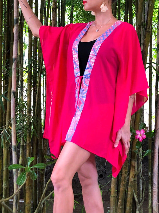 Handmade petite beach cover-up in vibrant rose pink chiffon – ethically crafted in Bali - sustainable beach kaftans for women in Dubai
