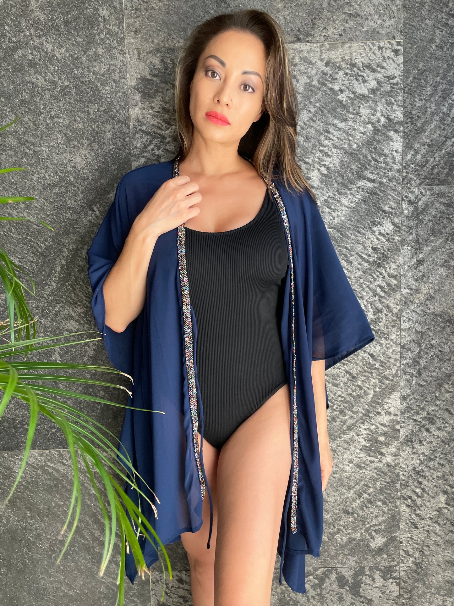Stylish and sophisticated beachwear kaftan for Dubai and beyond in navy blue crepe chiffon with hand-sewn neckline beads, sustainable beachwear for women in Dubai