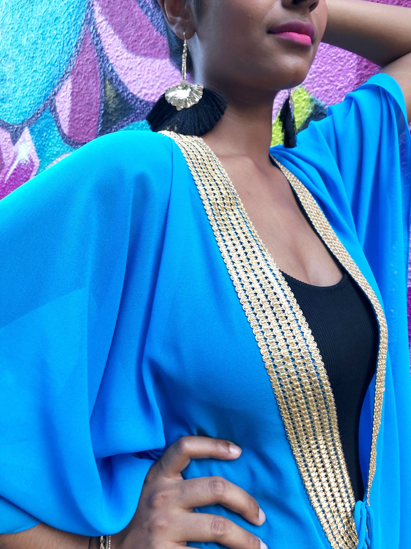 Lightweight Arista chiffon beach kaftan in Azure blue for women looking for best beach kaftans in Dubai, designed for the beach and beyond.