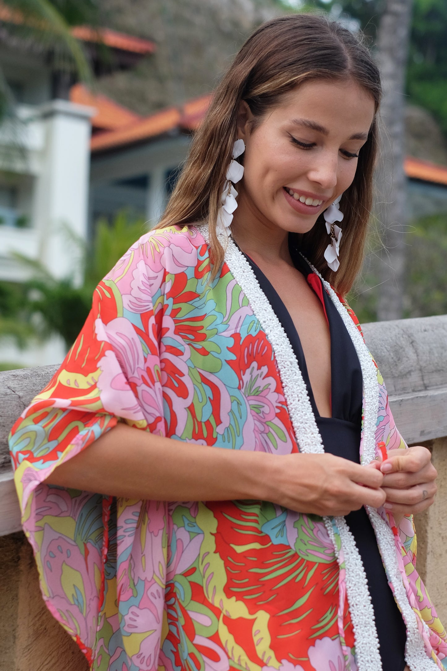 Emelia kaftan – the perfect blend of bold and breezy with its vibrant Pucci-inspired floral chiffon and flowy features, for women looking for best beach kaftans in Dubai