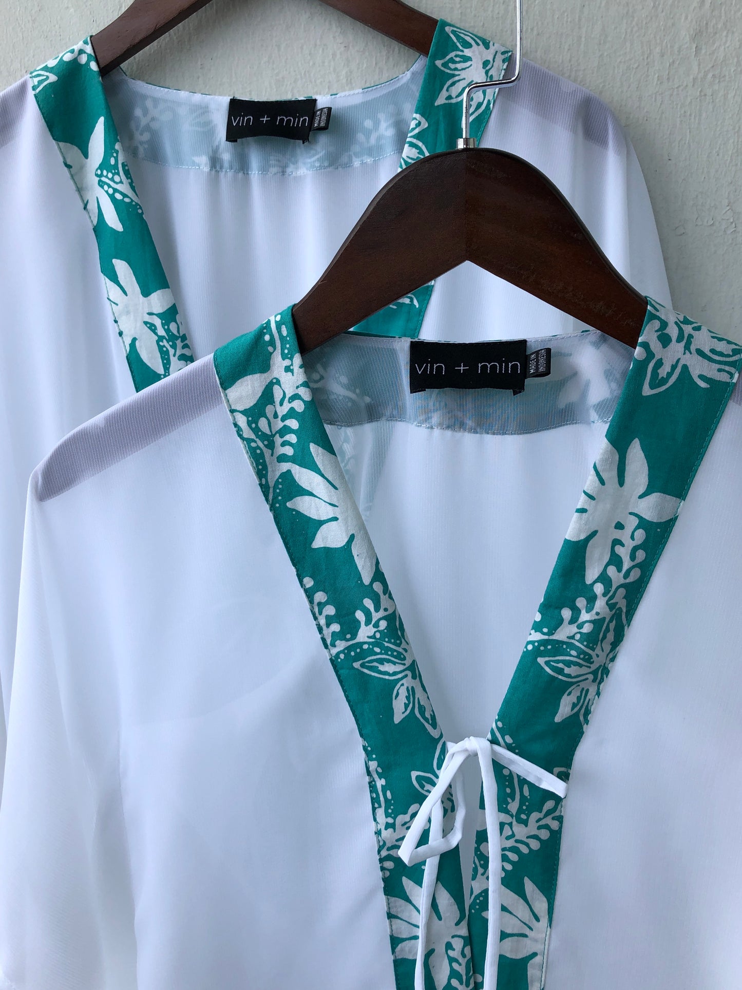 Sheer white lurex chiffon kaftan with artisanal green batik border – elegant and sustainable beach style, available in a mommy and me matching set