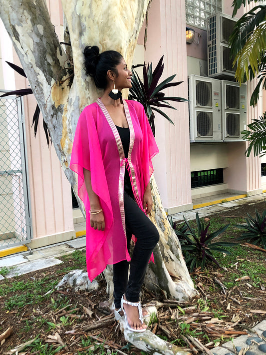 Petite-size women's beach kaftan cover-up with hand-sewn sari trim details with metallic shine, perfect for women looking for best beach kaftans in Dubai