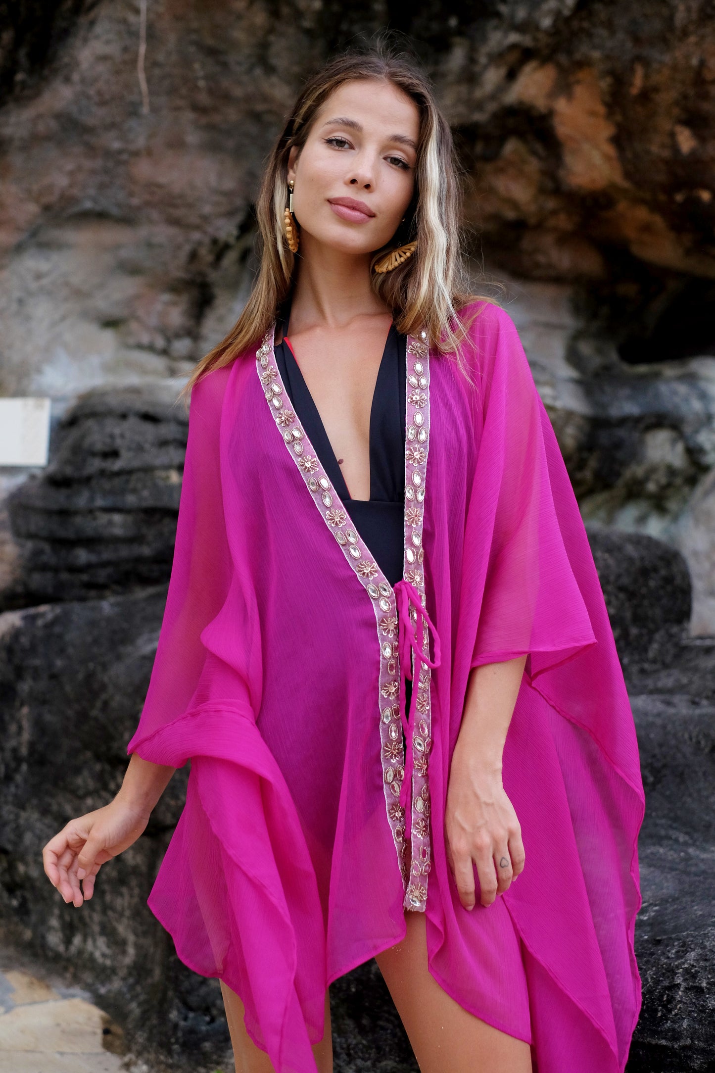 Statement resort kaftan with crystal embellishments, sustainably made in Bali. Perfect beach cover-up for women seeking modern beach kaftans in Dubai