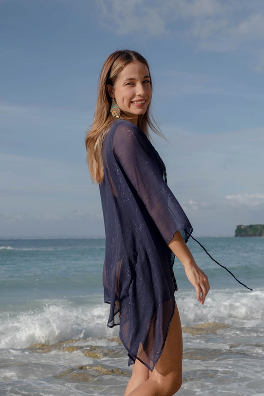 Luxurious navy chiffon beach cover-up kaftan with metallic bead trim – sustainable fashion in Dubai