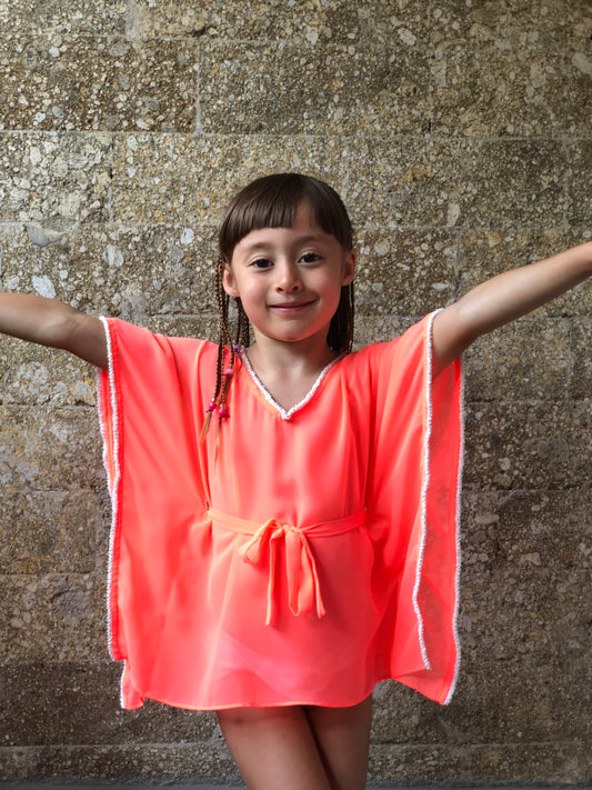 Bright orange V-neck girls kaftan cover-up, artisan-made beachwear for kids, Bali fabric