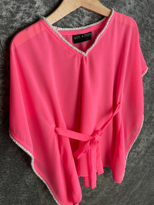 Girls’ beach kaftan in bright pink chiffon with drawstring waist, ideal for Dubai summer style