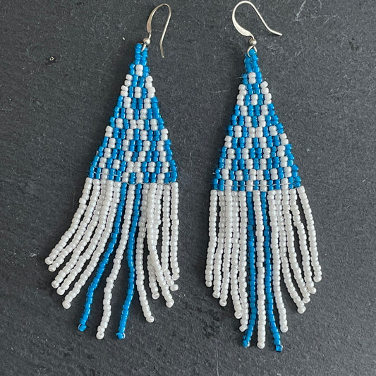 Handmade Nuna blue and white beaded earrings in silver alloy, artisan made in Bali, lightweight sustainable jewellery for women in Dubai