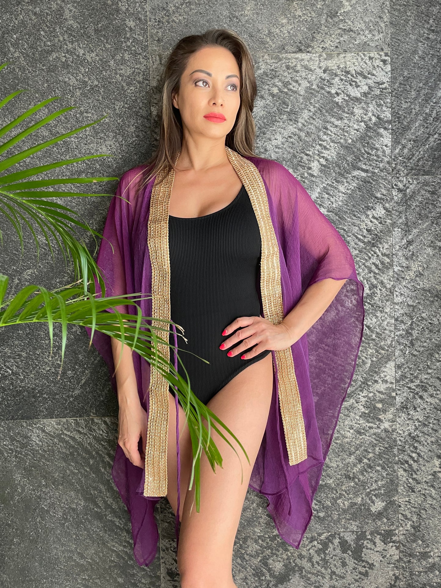 Saira orchid purple beach kaftan with gold and rose gold saree trim for sale in Dubai