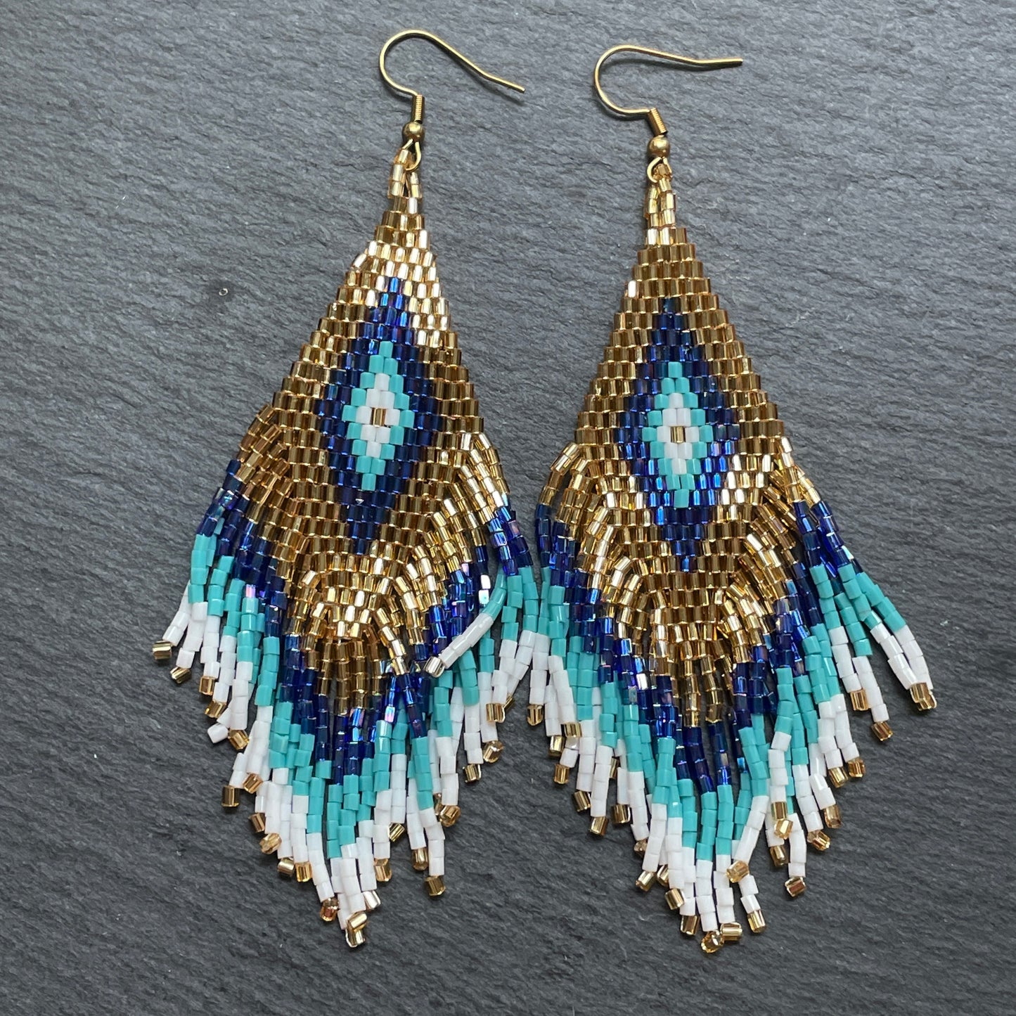 Sakari maxi gold and dark blue beaded earrings, Bali handmade jewelry for UAE women