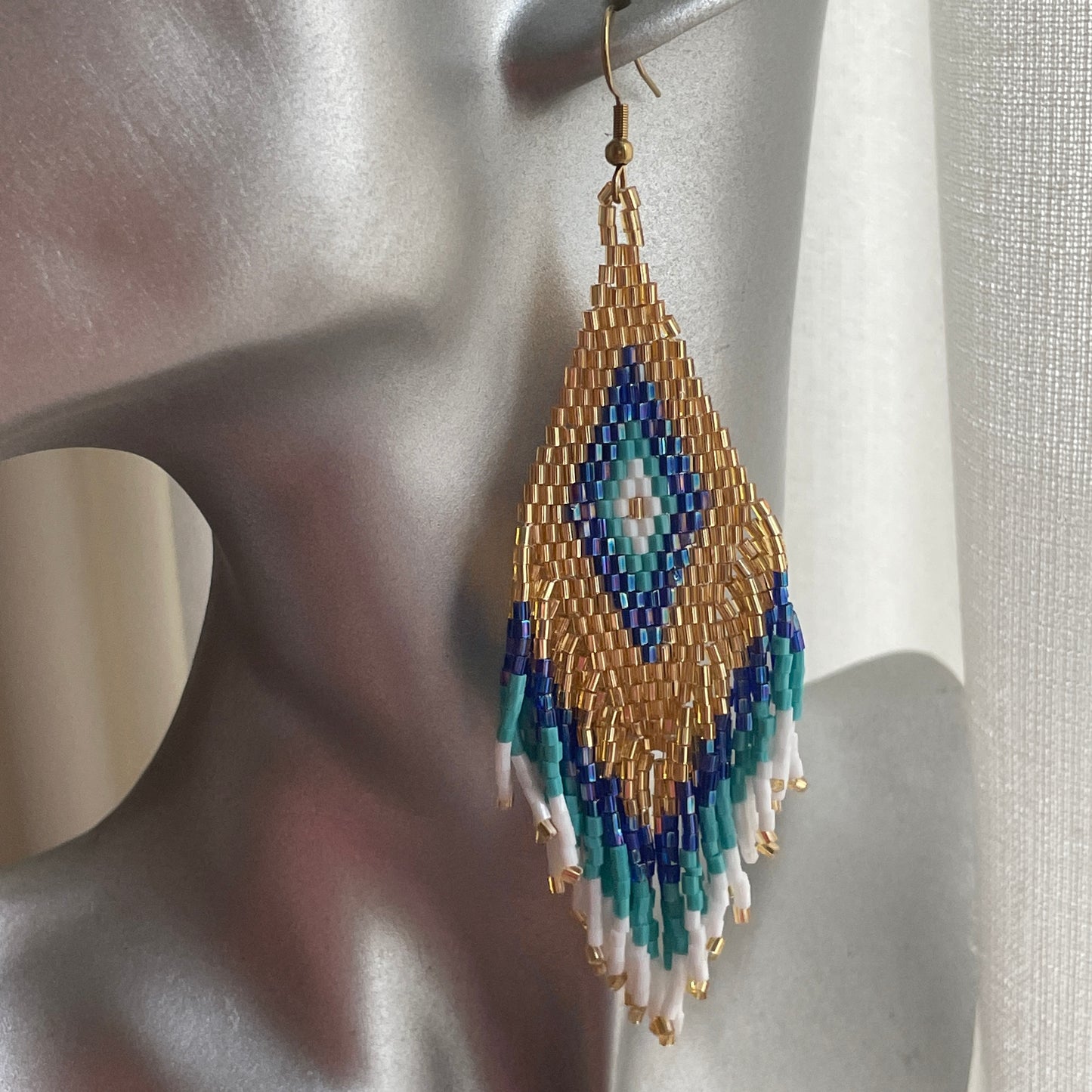 Elegant gold and dark blue Bali artisan earrings, maxi size for Dubai shoppers