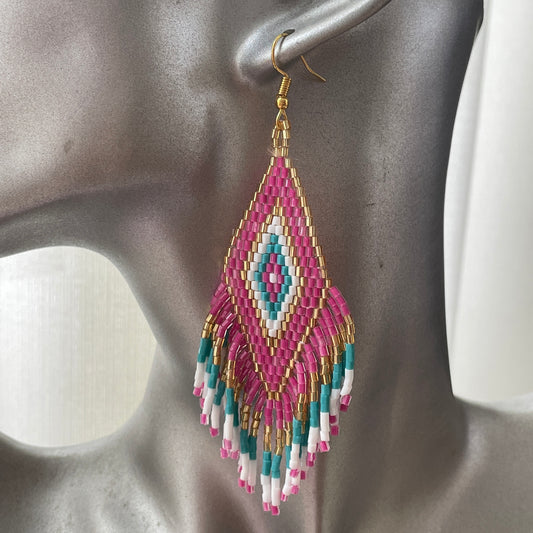 Elegant pink and gold Bali beaded earrings, maxi size for women in UAE