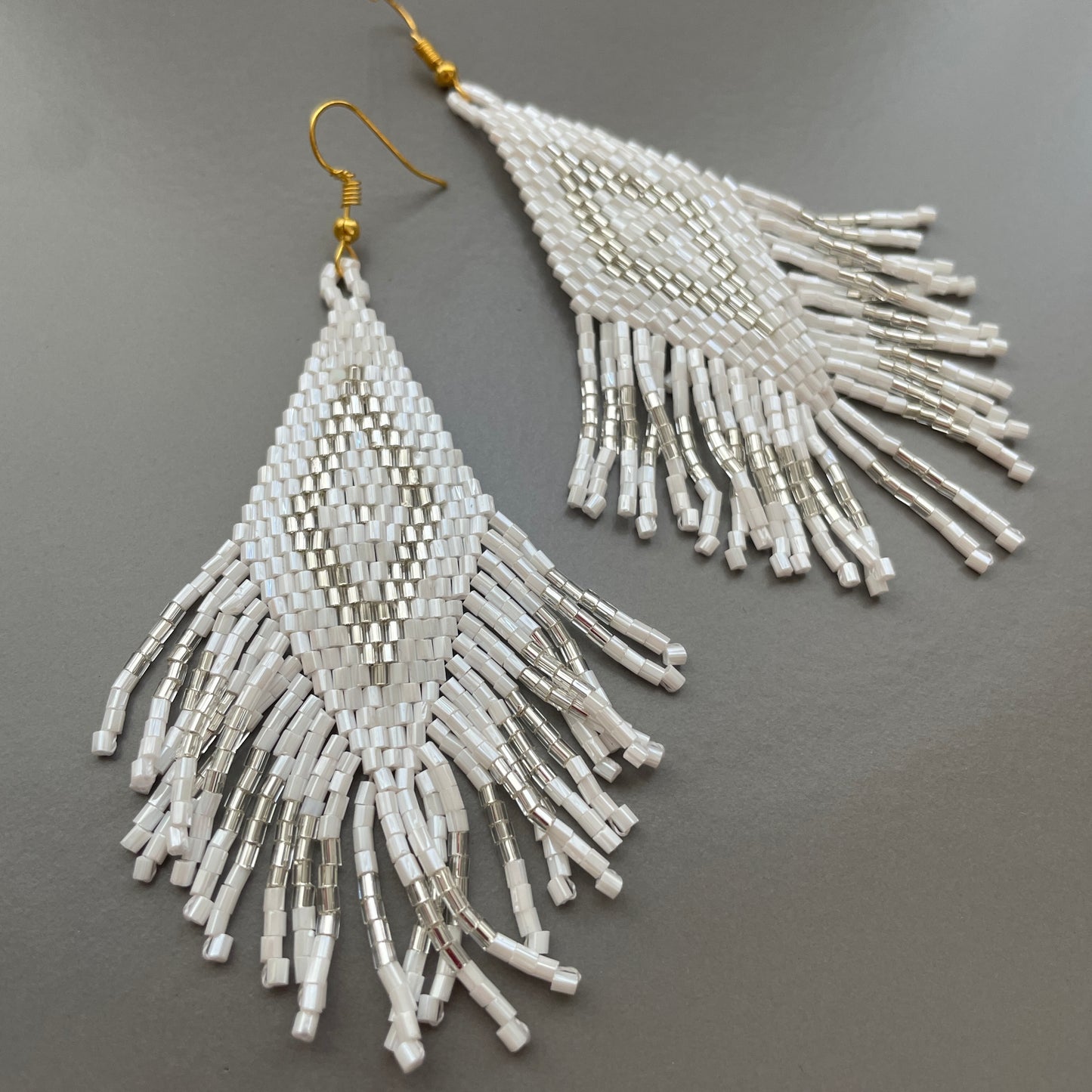 Elegant white and silver Bali beaded earrings, maxi size for women in UAE
