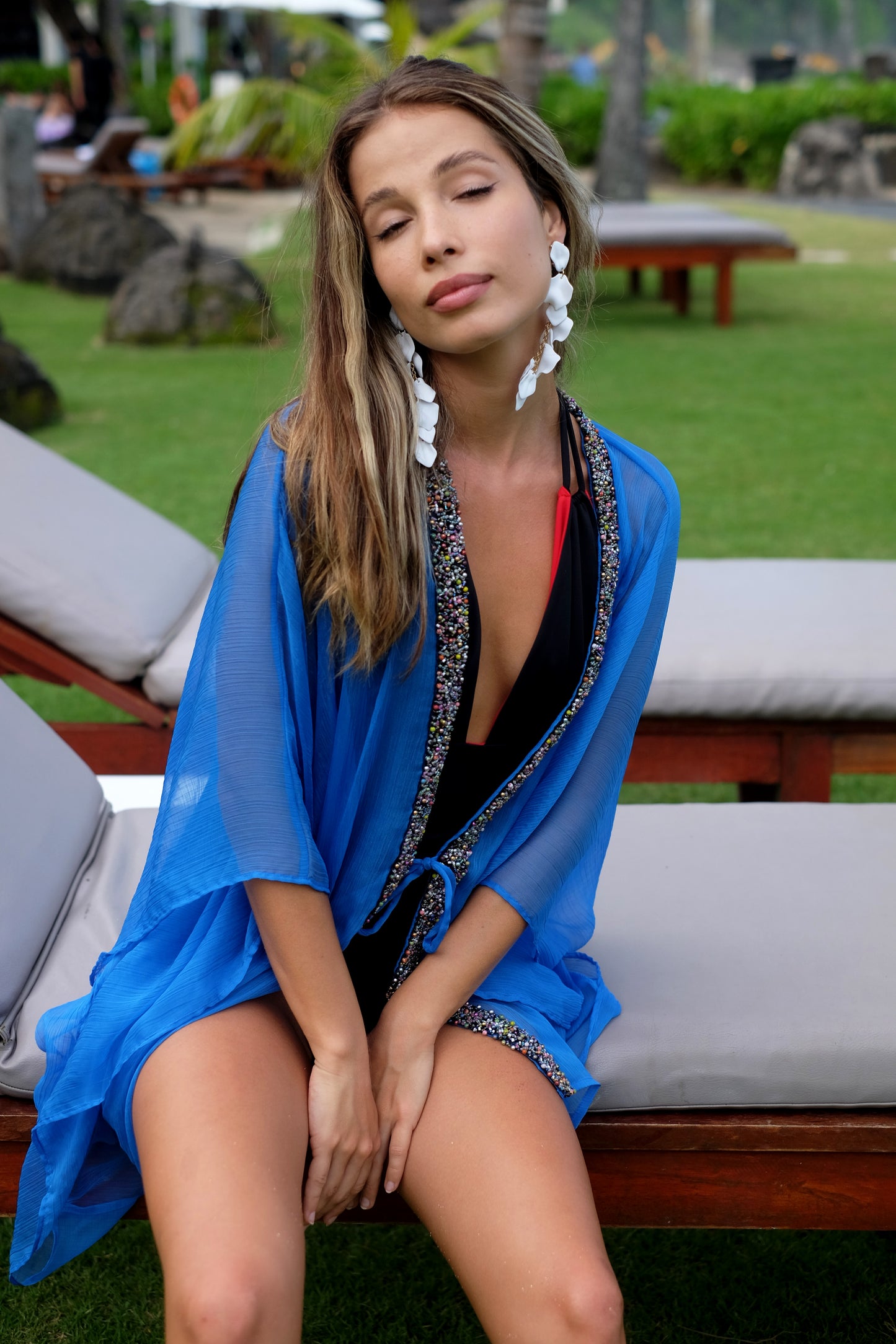 Sofi blue beach kaftan with hand-sewn bead trim, crepe chiffon fabric, sustainably made in Bali for sale in Dubai