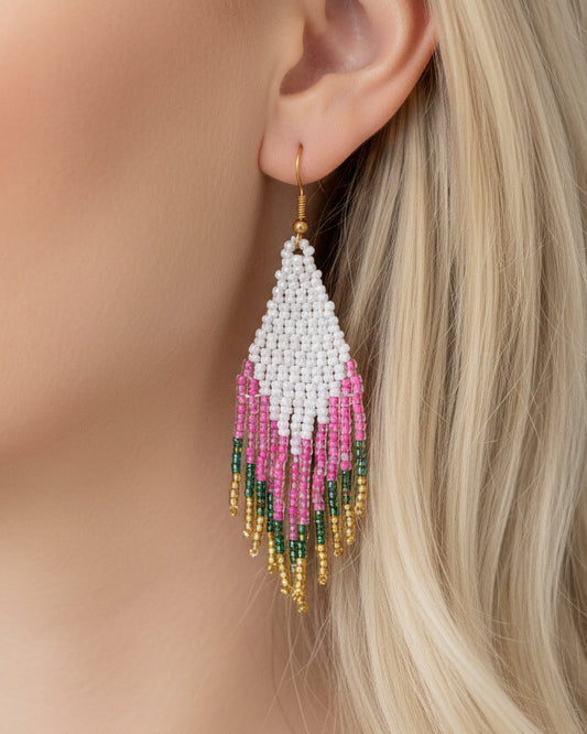 Tayana handmade beaded dangle earrings, artisan-crafted in Bali for sustainable fashion lovers in Dubai