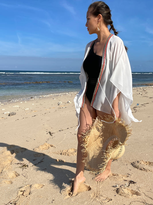 Women's Beach Kaftan in White Crepe Chiffon with Sequin Trim for Dubai beach days & resort getaways