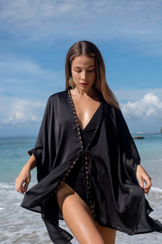 Dione black crepe chiffon beach kaftan cover-up – perfect modern resort kaftan for Dubai beach days and nights