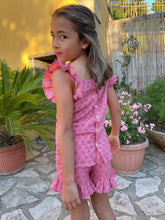 Load image into Gallery viewer, Girls rose pink floral set with ruffled sleeves and shorts, made from handmade Indian block print, handmade in India, for sale in Dubai