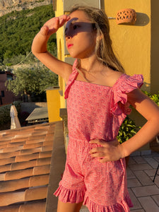 Ella Ruffle Block Print Kids Coord Set in Rose Pink