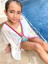 Load image into Gallery viewer, Girls kids white beach kaftan swimsuit cover up with purple tassel trim for the pool and the beach