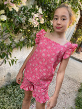 Load image into Gallery viewer, Girls pink &amp; white floral set with ruffled sleeves and shorts, made from handmade Indian block print, handmade in India, for sale in Dubai