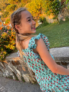 Ella Ruffle Green & Red Floral Block Print Kids Coord Set