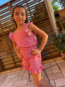 Ella Ruffle Block Print Kids Coord Set in Rose Pink